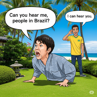 「ブラジルの人聞こえてますかー？」って地面に向かって言っている日本人に「聞こえてますよ」って後ろから言うブラジル人の画像