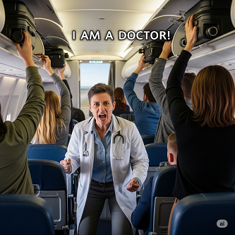 他の乗客が飛行機から荷物を下ろしているタイミングで、「私が医者です」と名乗り出てる人の画像