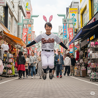 ウサギの耳のカチューシャを付けながら、野球部のユニフォームを着て竹下通りでうさぎ跳びをする」画像