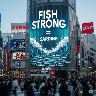 「魚強＝イワシ」を知らしめるために渋谷に掲示した巨大広告