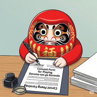 「だるまさんに、だるまさんが転んだをする同意書を書いてもらっている画像」