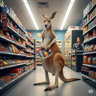 カンガルーがお腹の袋にコンビニで買った品物を詰めている様子」の画像