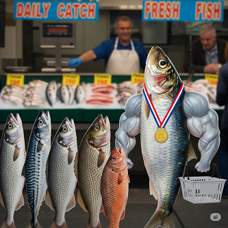 魚界のボディービル大会で優勝したイワシが鮮魚店に並んでいる様子