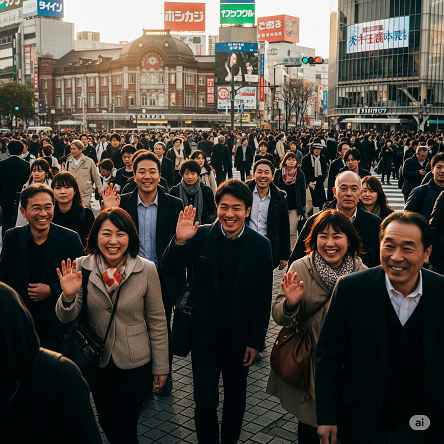 渋谷のスクランブル交差点ですれ違う人々が全員お互いに笑顔で挨拶を交わしている様子